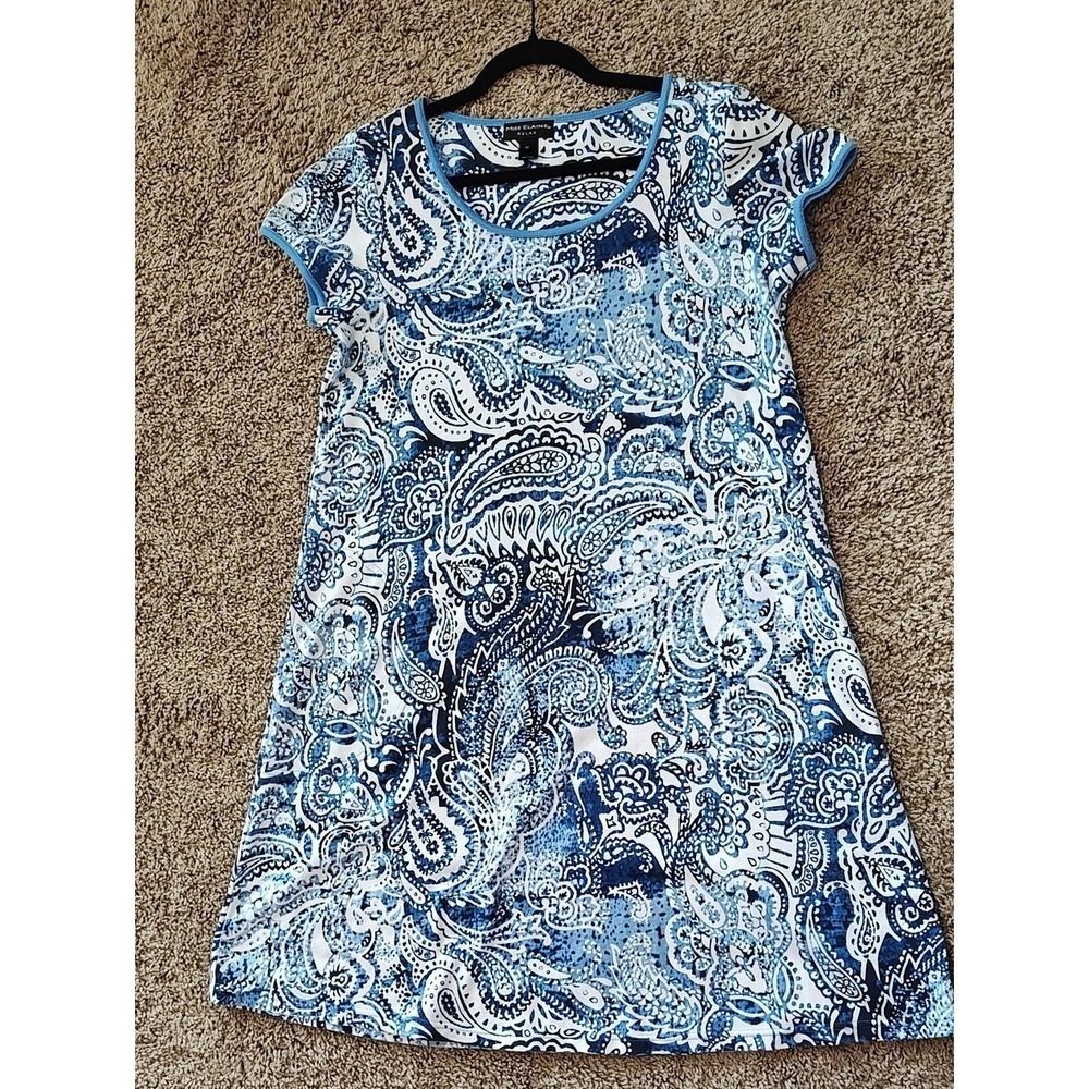 Miss Elaine Relax Paisley Short Sleeve Dress Medium Blue Used